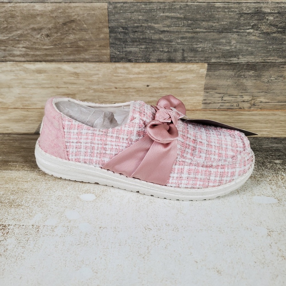 Hey Dude Wendy Bow Tweed Womens Loafer Shoes Sz 7 Pale Pink Slip-On Satin Bow